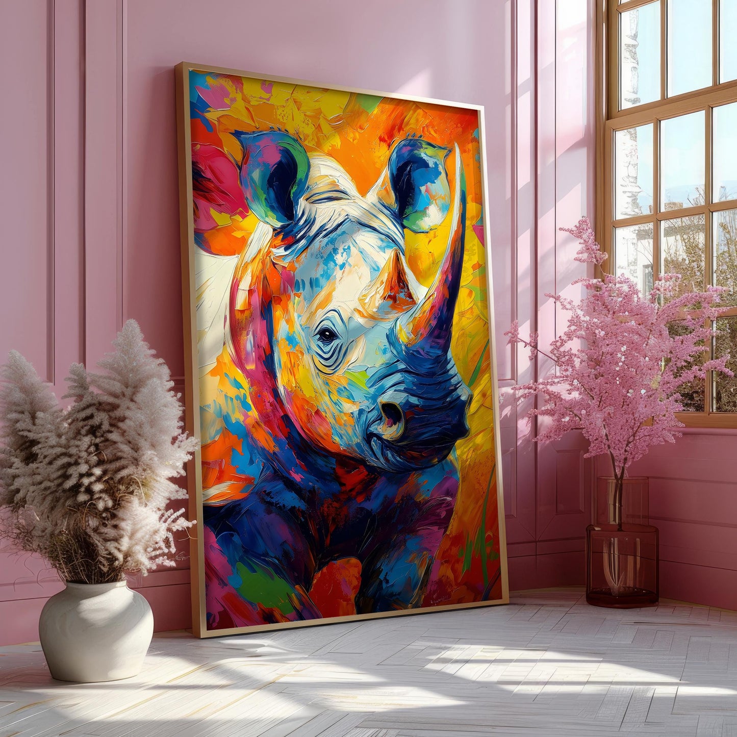 a painting of a rhino on a pink wall