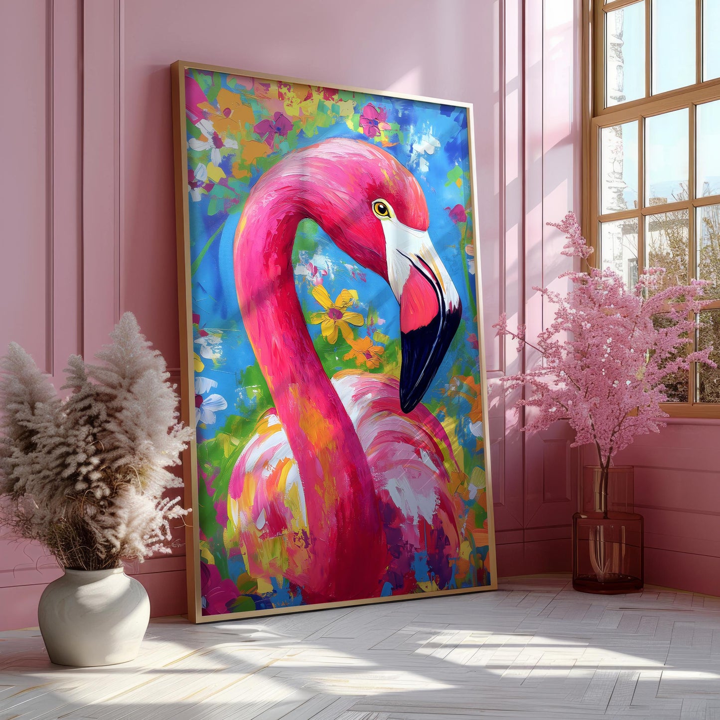 a painting of a flamingo in a pink room