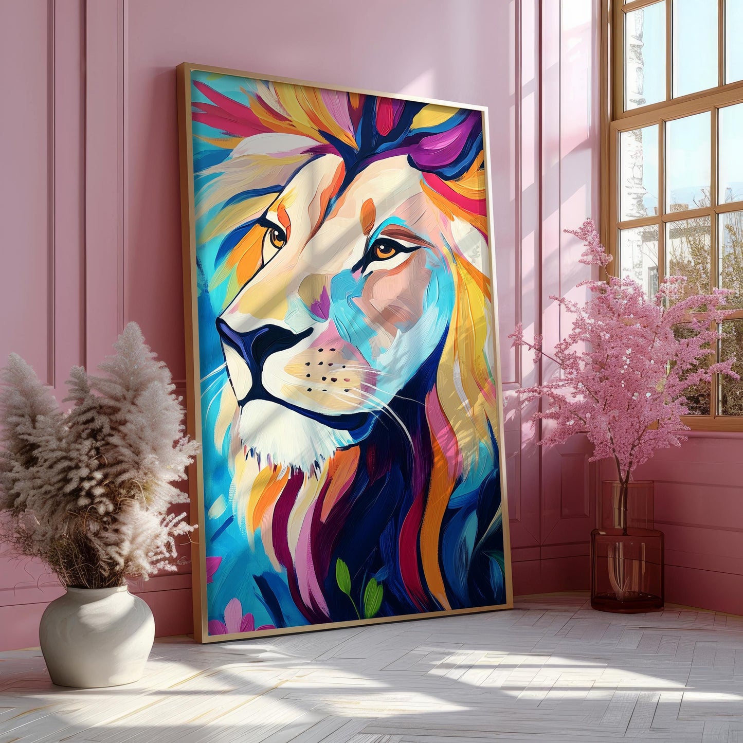 a painting of a lion on a pink wall