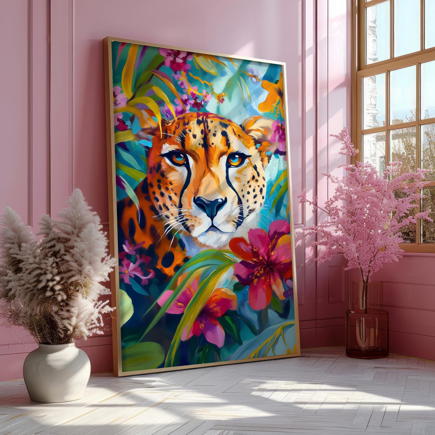 a painting of a tiger on a pink wall