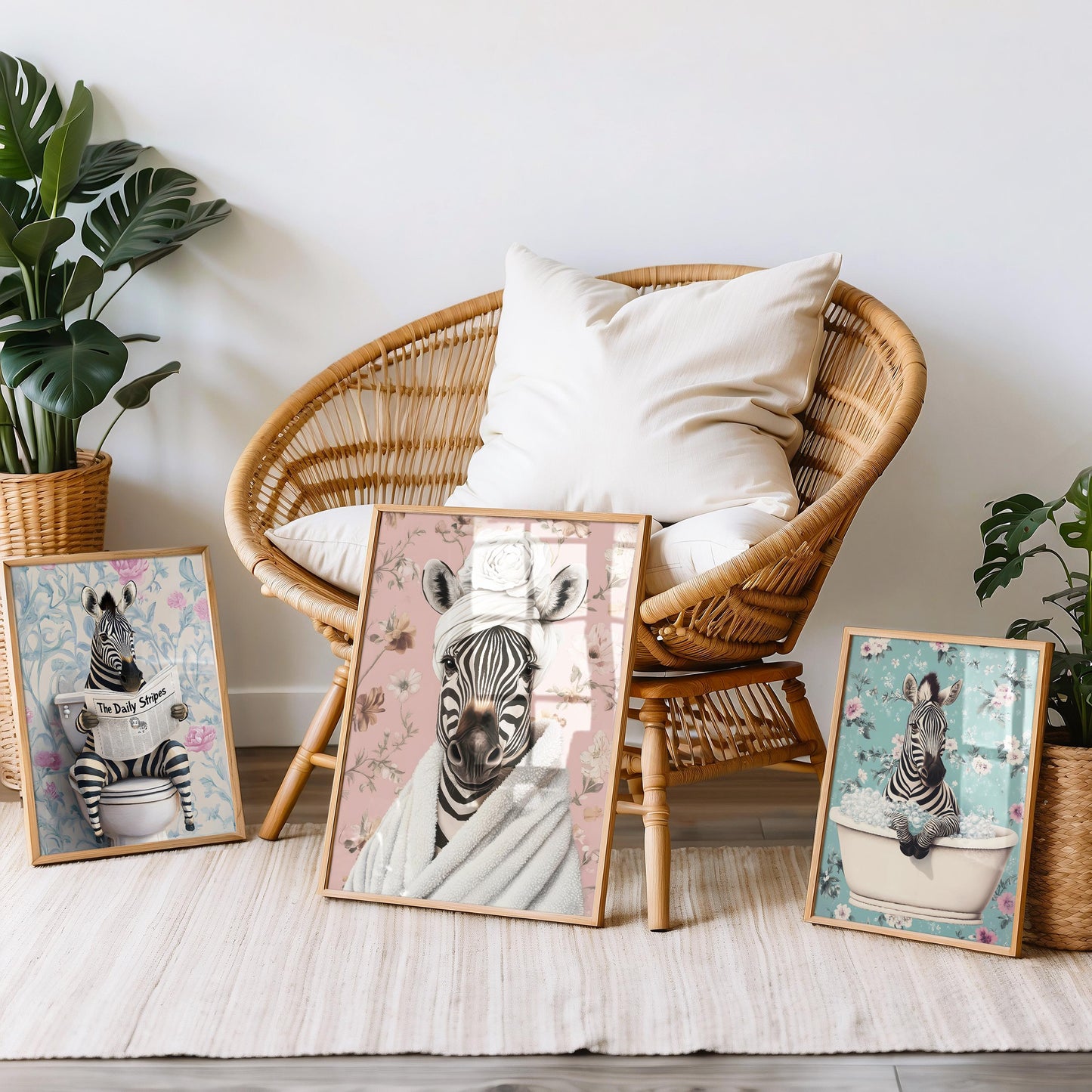 a wicker chair sitting next to a group of framed pictures