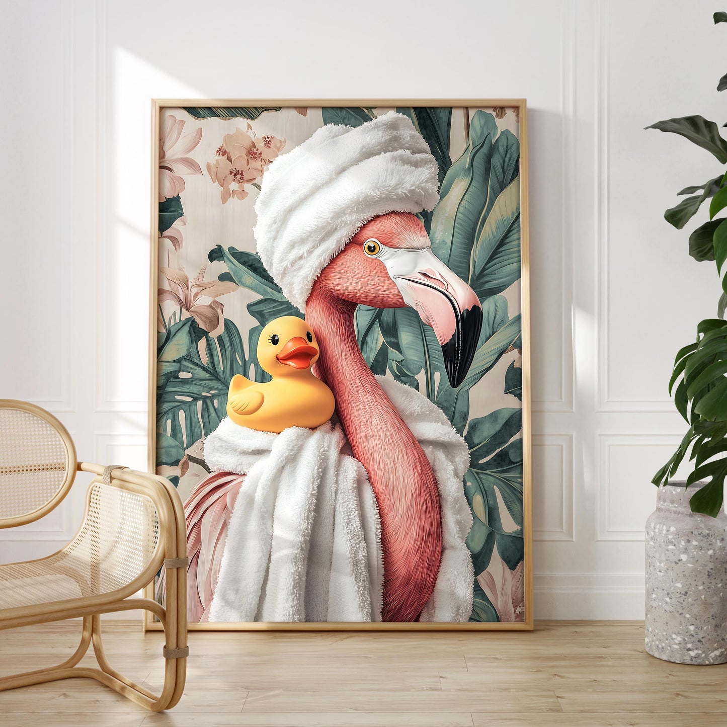 a painting of a flamingo and a rubber duck in a bathrobe