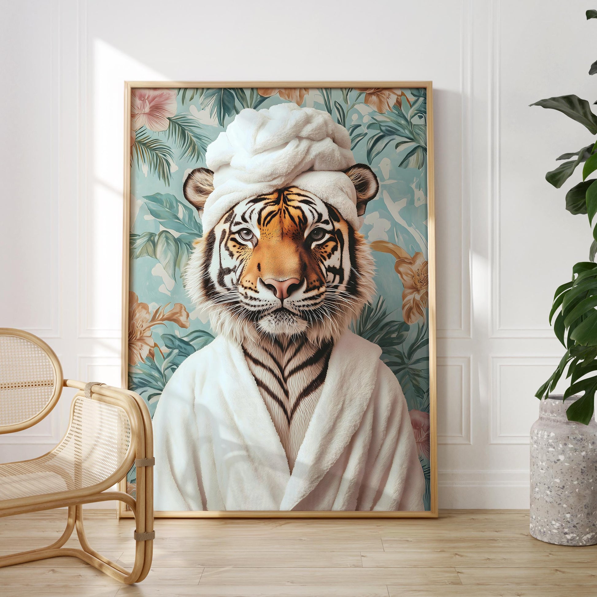 a painting of a tiger wearing a white robe