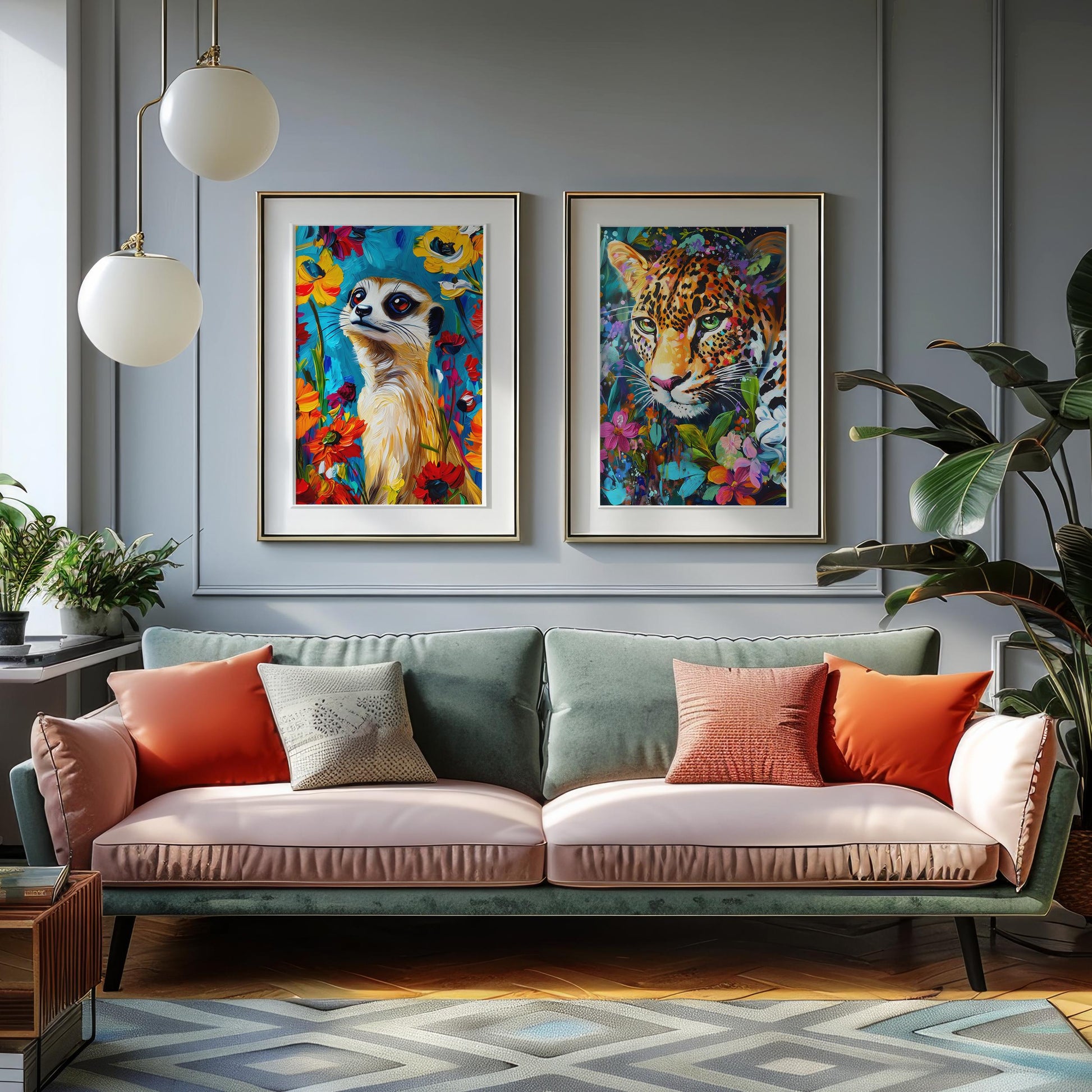 a living room with two paintings on the wall