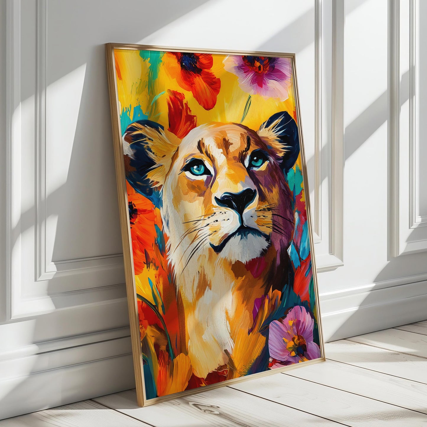 a painting of a lion with blue eyes