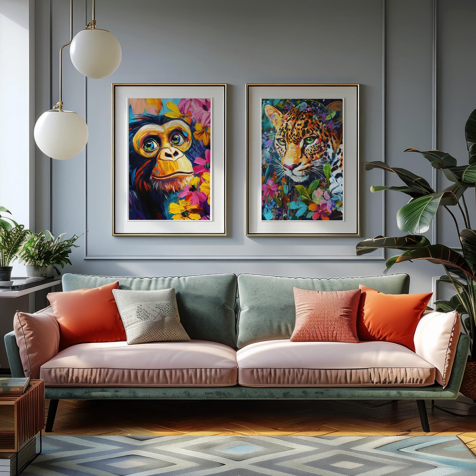 a living room filled with furniture and paintings on the wall