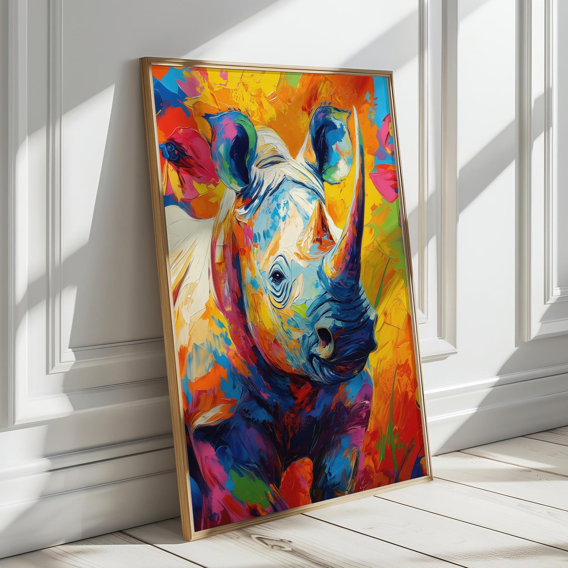 a painting of a rhino on a wall