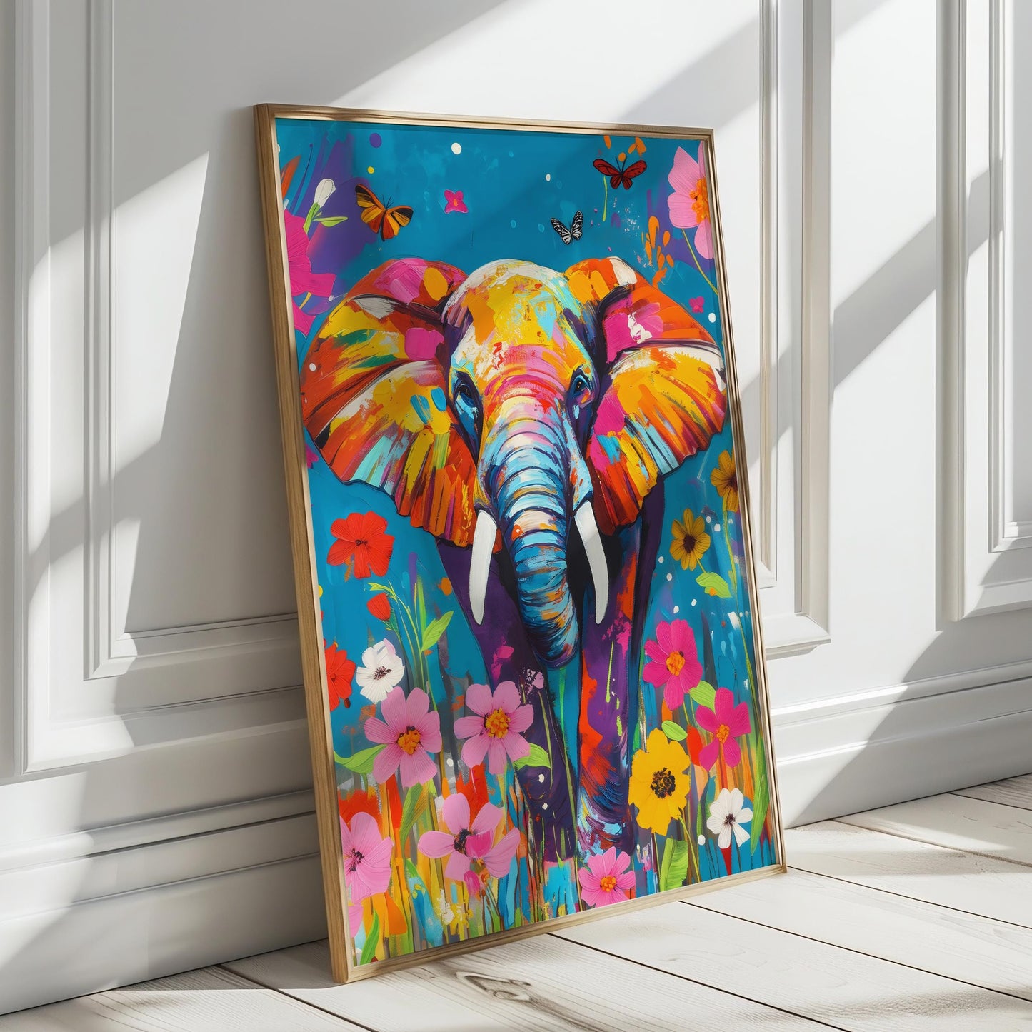 a painting of an elephant in a room