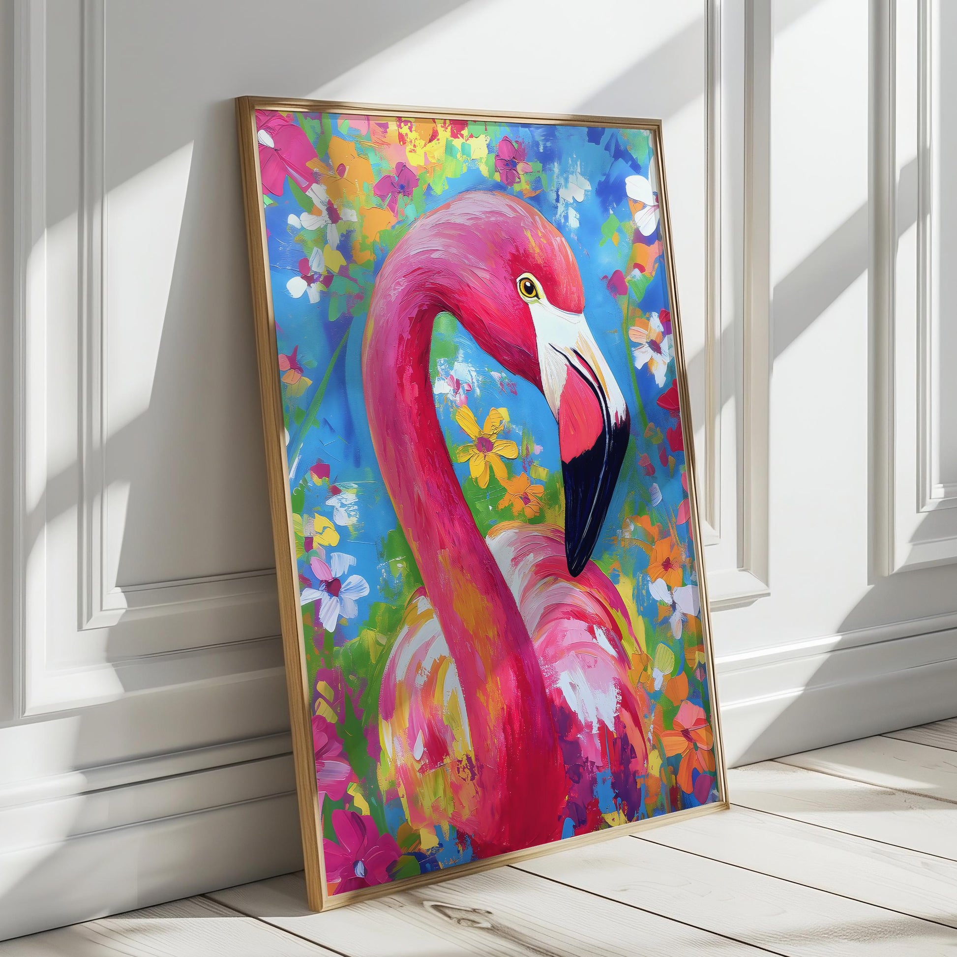 a painting of a pink flamingo on a white wall