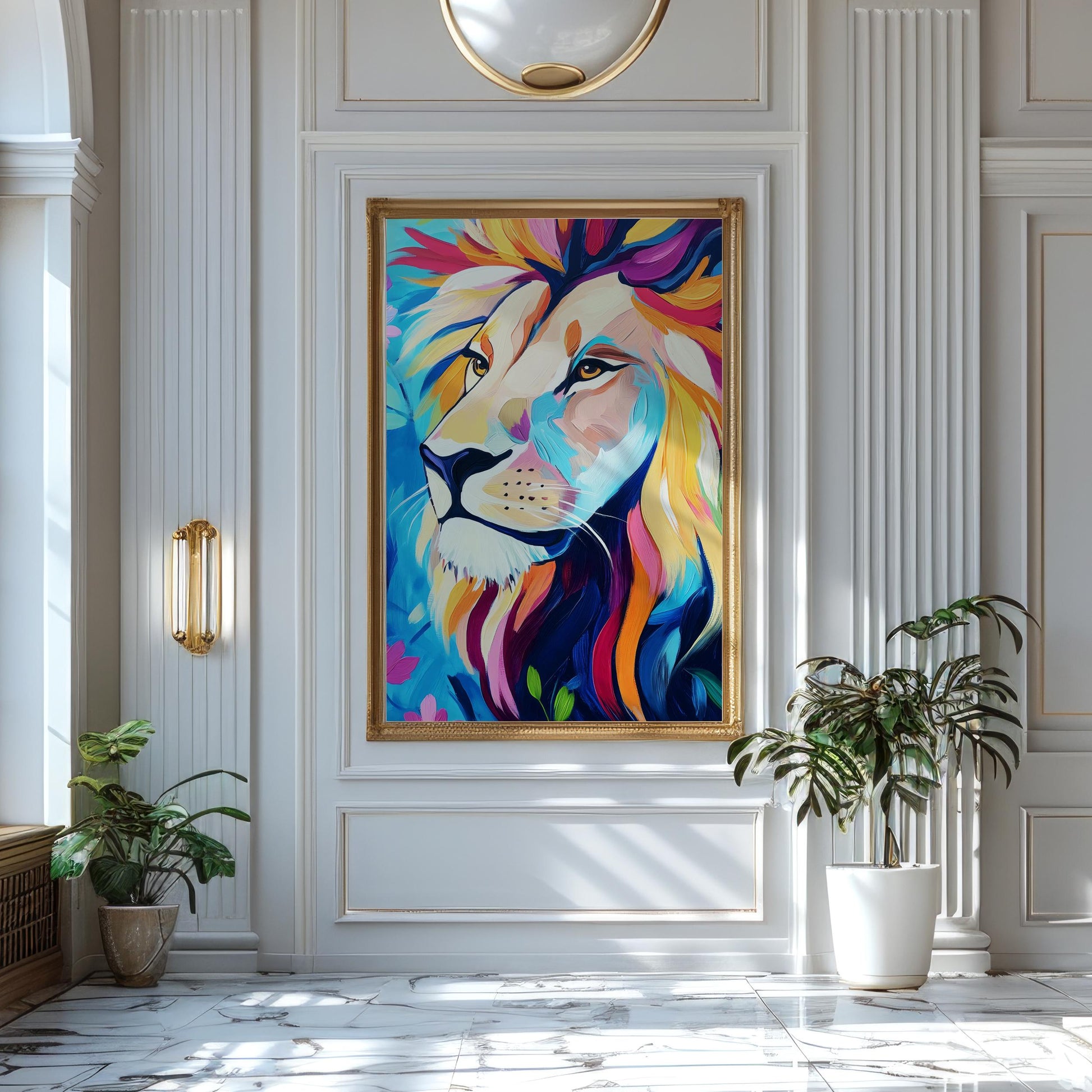 a painting of a lion in a white room