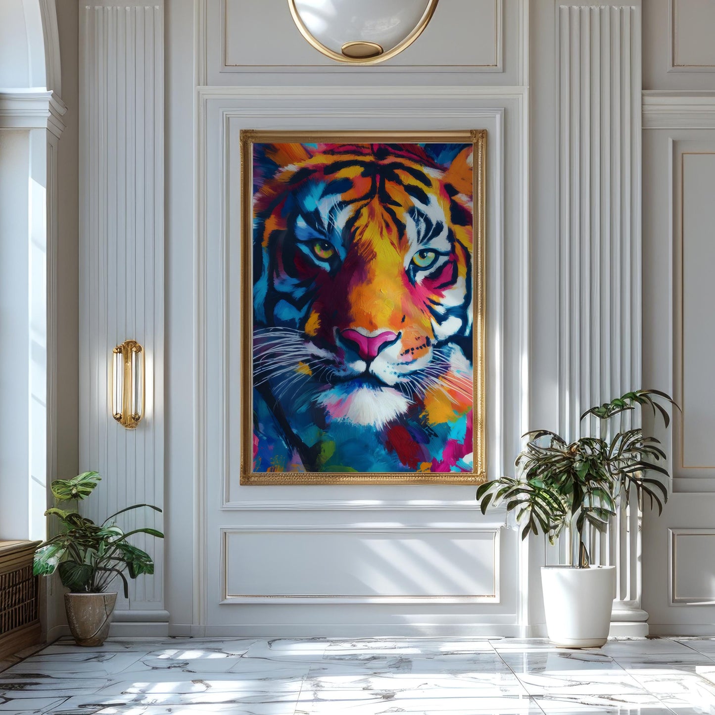 a painting of a tiger in a white room