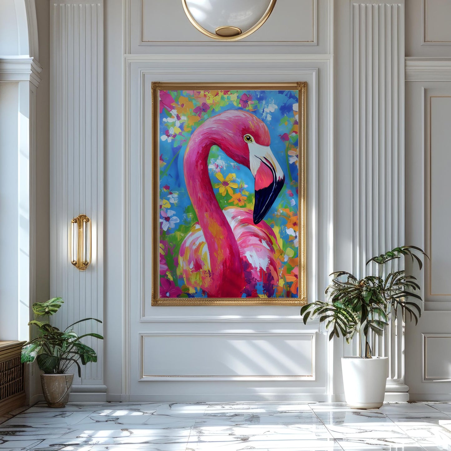 a painting of a pink flamingo in a white room