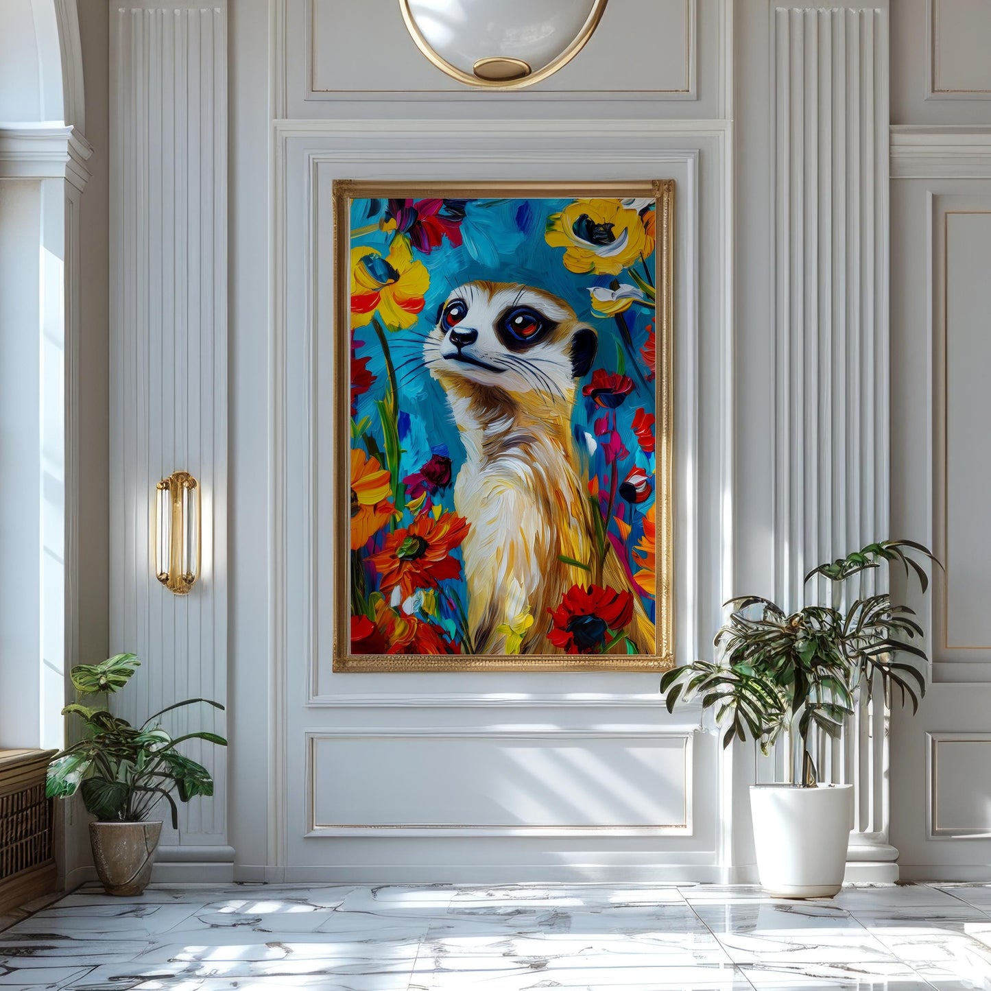 a painting of a meerkat in a white room