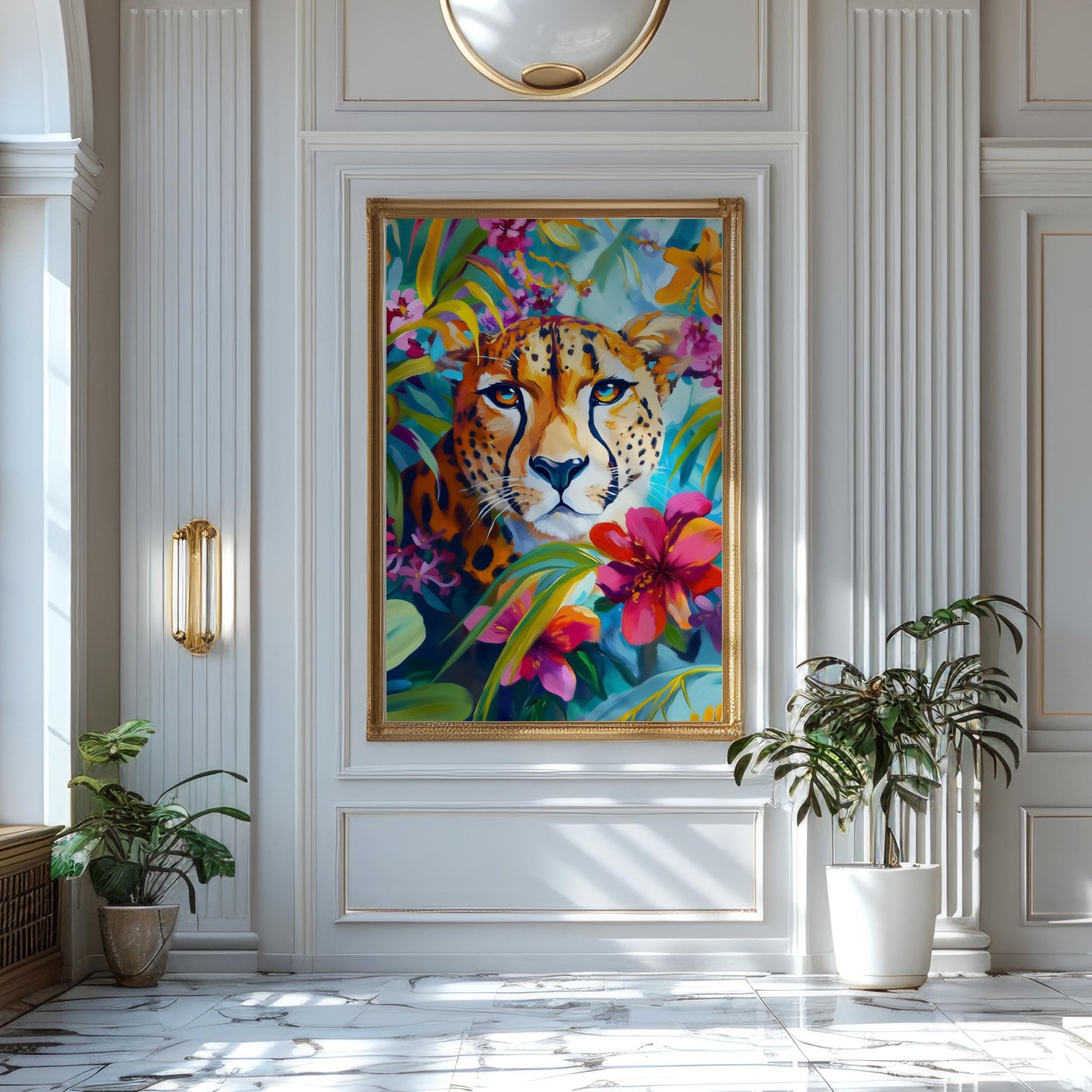 a painting of a tiger in a tropical setting