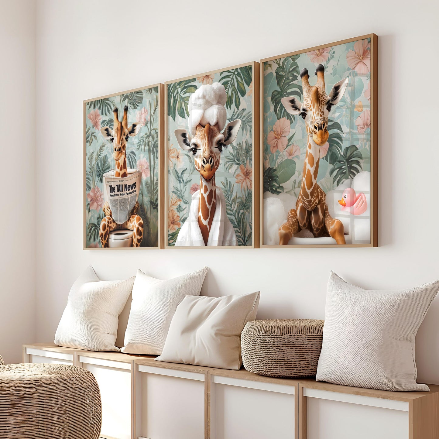 a set of three giraffes hanging on a wall