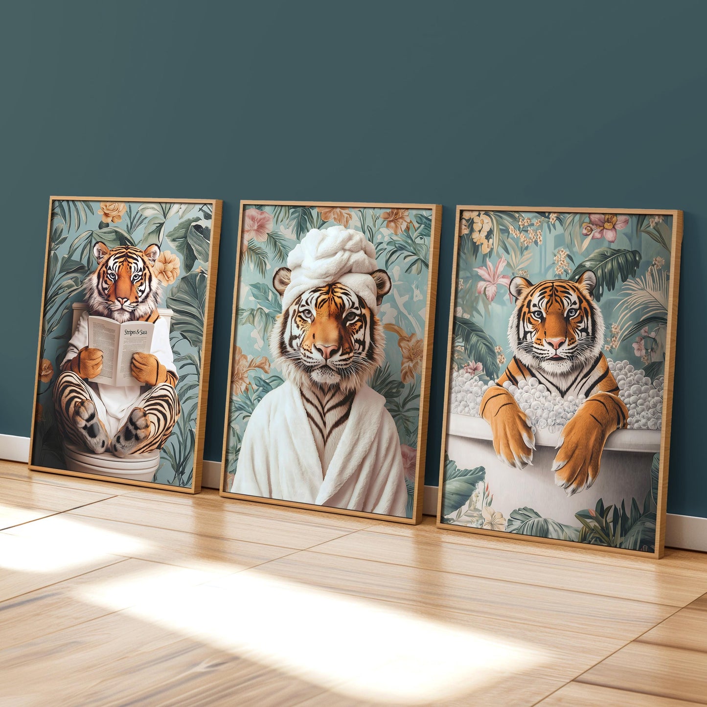 Set of 3 Funny Tiger Bathroom Wall Art Prints