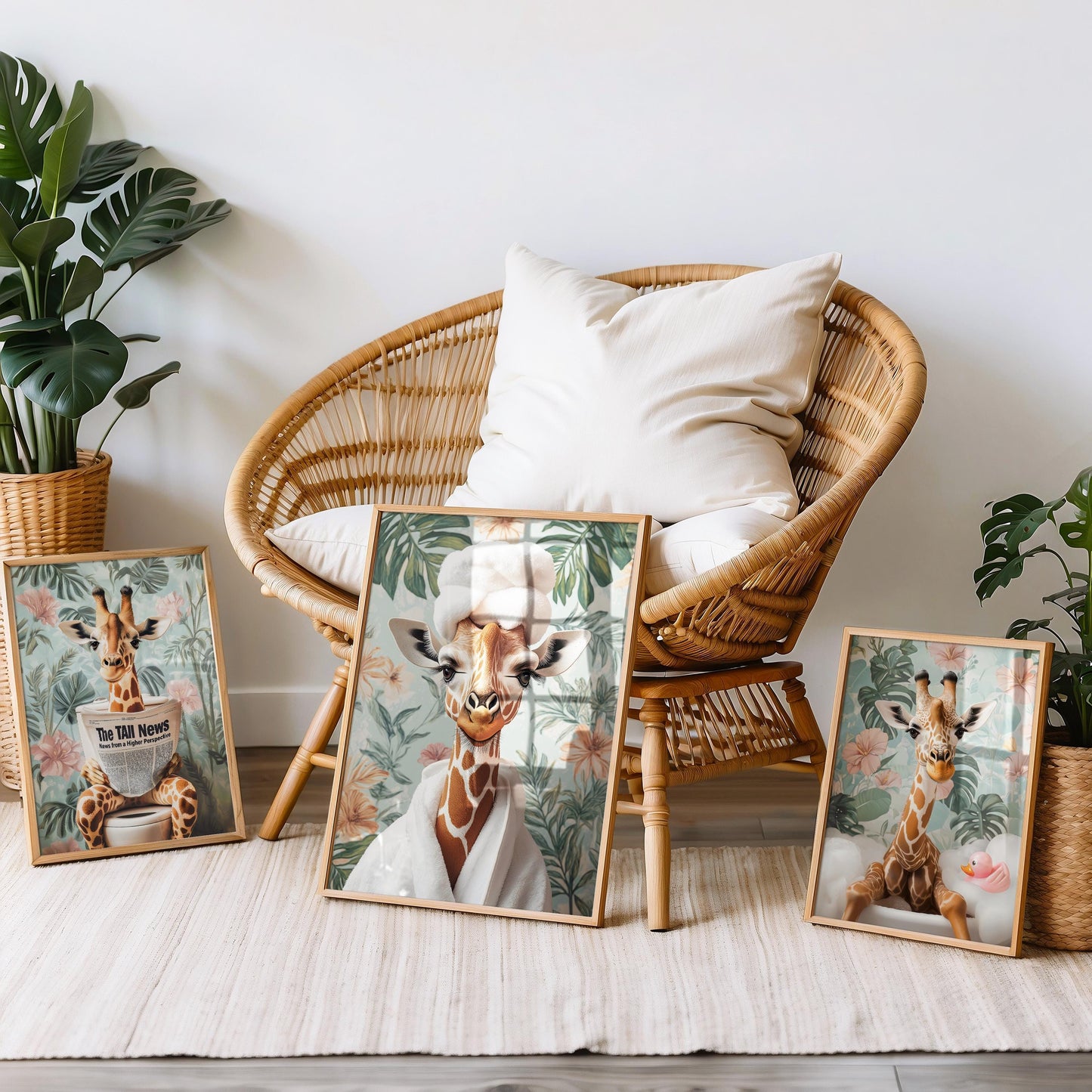 a wicker chair sitting next to a group of framed pictures