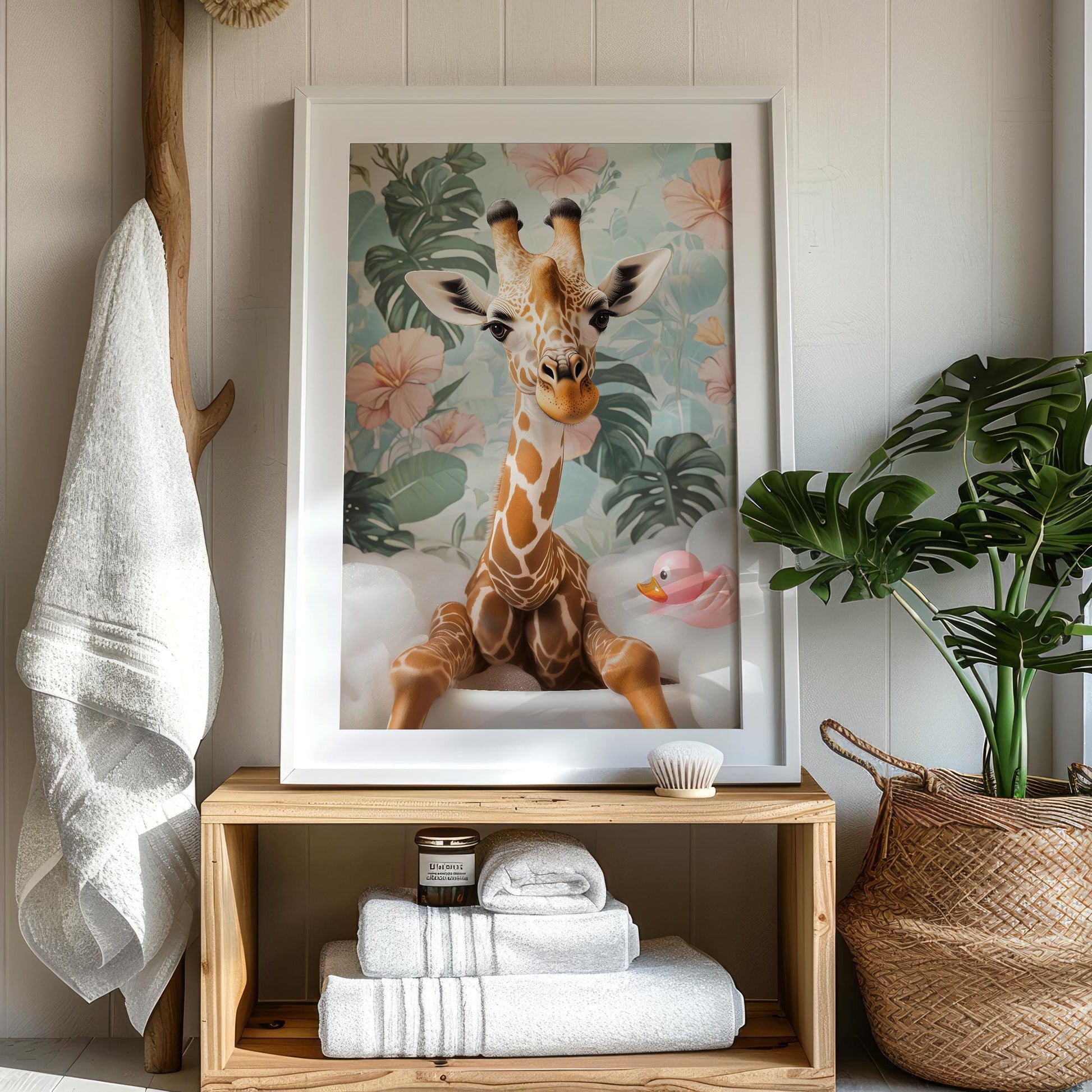 a picture of a giraffe in a bathroom